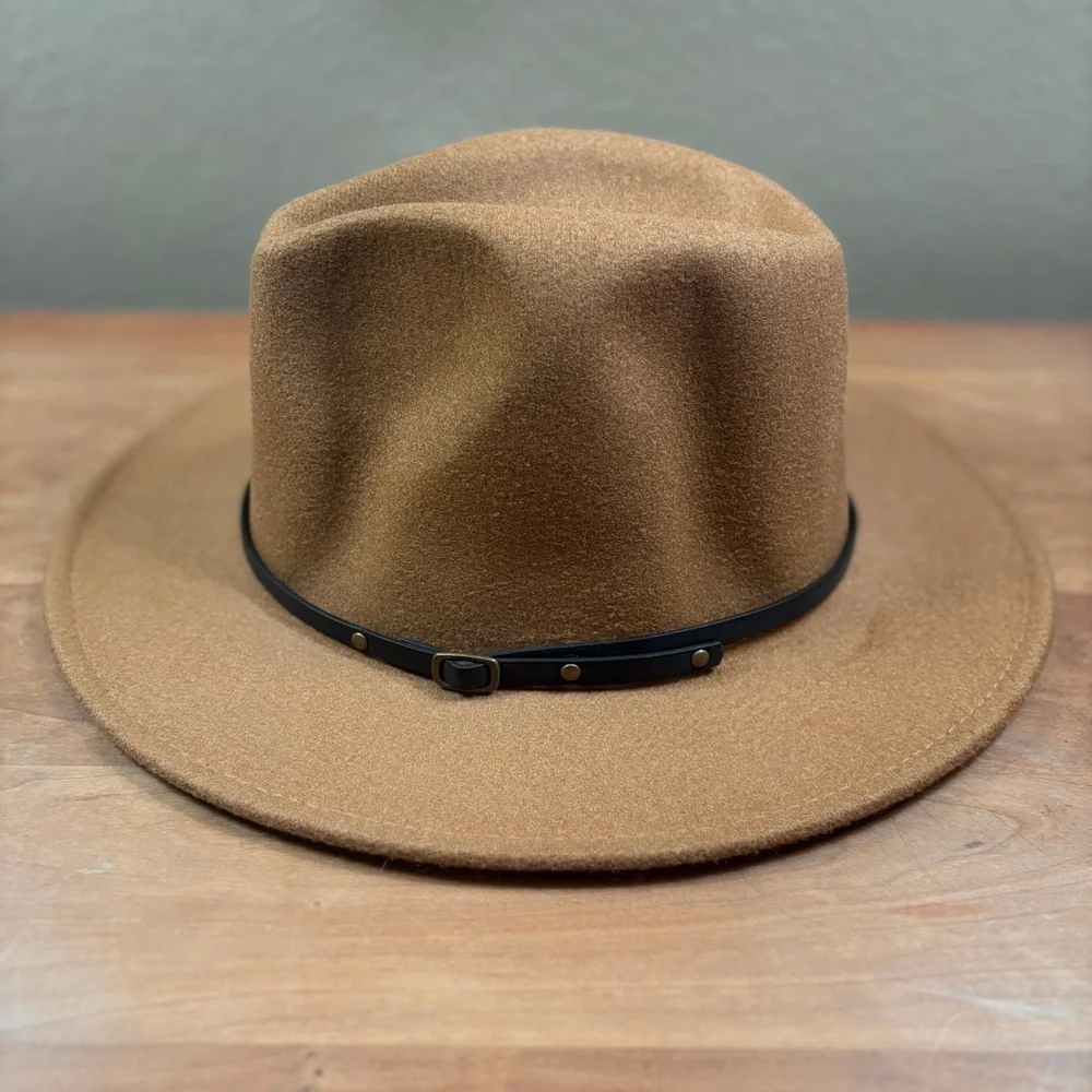Fedora, Classic Unisex Camel Brown Adjustable Hat with Buckle Black Trim